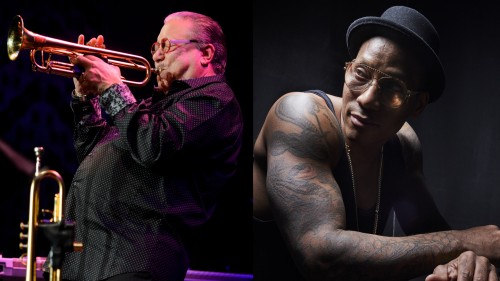 collage image: An older man plays his trumpet in a concert and a man with tattoos on his exposed arms and shoulders leans forward. 